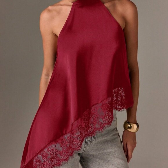 Burgundy elegant Women's Sleeveless High Neck Lace Trim Asymmetric Satin Top - Picture 1 of 5